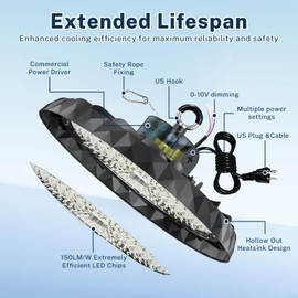 Thelux UFO Dimmable LED High Bay Light 200W, High Bay LED Shop Light 30,000LM 0-10V Dimmable, 5' Cable with US Plug, Hanging Hook, Safe Rope, ETL Listed High Bay for Warehouse Factory Barn Shop 1Pack