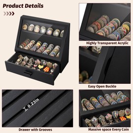 Yoimori Challenge Coin Display Case, 13 Rows Solid Wood Military Coin Holder Display Stand, Holds up to 100 Coins or Medals, Clear Acrylic Cover with Drawer for Collectors (Black)