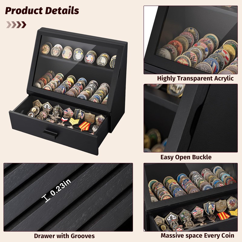 Yoimori Challenge Coin Display Case, 13 Rows Solid Wood Military