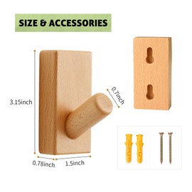 TRWISWDC Beech Wood Wall Hooks, 4 Pack Coat Hooks Wall Mounted, Natural Wooden Coat Hooks Hat Rack for Hanging Towels Clothes Bags Bathroom Entryway Heavy Duty Hangers