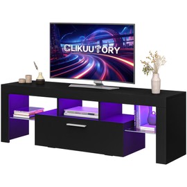 Clikuutory Black LED TV Stand with Large Storage Drawer for 32 40 50 55 Inch TVs, Modern TV Console Table with Entertainment Center for Living Room, Bedroom, Black