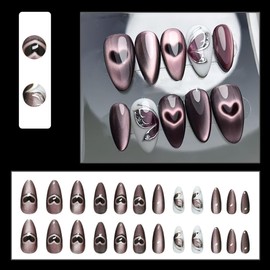 24pcs Cat Eye Press on Nails Medium Almond Fake Nails with Hollow Heart Butterflys Designs Summer Glitter False Nails White Glue on Nails Handmade Full Cover Acrylic Nails Stick on Nails for Women