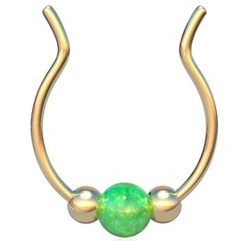 Fake Gold Septum Hoop - Green Opal Faux Septum Ring - Thin 22 Gauge 14k Gold Filled Clip On Septum Piercing For Women - No Piercing Needed