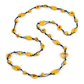 Avalaya Banana Yellow Wood, Bone Beaded Black Cord Long Necklace - 106cm L