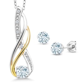 Gem Stone King 925 Sterling Silver and 10K Yellow Gold Aquamarine and Diamond Pendant and Earrings Jewelry Set For Women 0.70 Cttw, Gemstone Birthstone, with 18 Inch