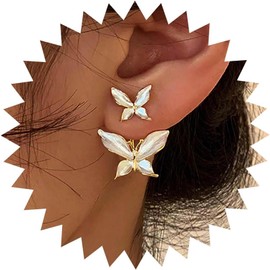 Cimenexe Bohemian Enamel Butterfly Jacket Earrings Gold Butterfly Earrings White Enamel Butterfly Drop Earrings Double Butterfly Stud Earrings Jewellery for Women and Girls, Zinc, No Gemstone