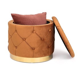 Homebeez 18.9" Round Velvet Storage Ottoman Multi-Function Vanity Stool Footrest with Storage for Bedroom/Living Room,Orange