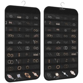 DonYeco 2-Pack Hanging Jewelry Organizer 80-Pocket Dual-sided Jewelry Storage for Jewelry Earring Necklace Bracelet Ring Storage Travel Holder, Black