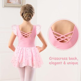Mulnall Girls Ballet Leotards for Dance Ruffle Sleeve Hollow Crisscross Back, Shiny Skirt(50431-08P-L)