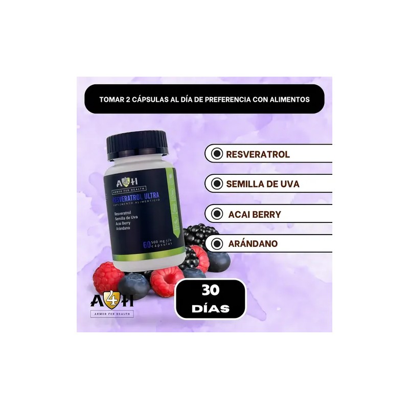 Suplemento Resveratrol A4H Acai Arándano Semilla Uva Sin Sabor 60