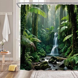 ZNLSU Green Forest Shower Curtain Nature Tropical Palm Tree Waterfall Rainforest Jungle Natural Scenery Landscape 70" WX70 H Bathroom Decor Fabric Curtain with Hooks