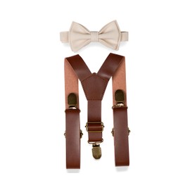 Armoniia Brown PU Leather Suspenders Bow Tie Combo for Baby Toddler Boy Men (3. Boy (7-12 yrs), Brown Leather Suspenders, Cream Bow Tie)