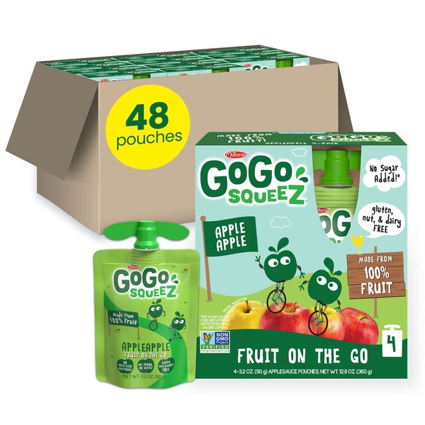 GoGo squeeZ Fruit on the Go, Apple Apple, 3.2 oz (Pack of 48), Unsweetened Fruit Snacks for Kids, Gluten Free, Nut Free and Dairy Free, Reclosable Cap, BPA Free Pouches