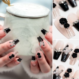 Sun&Beam Nails Handmade Long Coffin Ballerina Nude False Nail Tips with Cute 3D Black Flower Butterfly Diamond Popular Charm Design Press On Nails 10 Pcs (#69 S)
