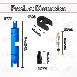 12 PCS Valve Cores, 12 Valve Core Caps, with 1 Alloy Valve Core Dismantle Tool And 1 Disassembly Wrench Adapter for Tubeless Road/MTB Bike Tires