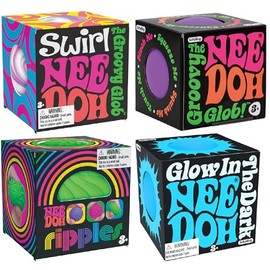Nee Doh Teenies Ripples, Glow in The Dark, Swirl, and Original...Groovy Globs! Squishy, Squeezy, Popping, Stretchy Stress Fidget Balls Gift Set Party Bundle - 4 Pack (Asstorted Colors)