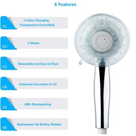 LED Hand Shower Head Large Handhled Shower Head Water Saving 3 Colours Colour Changing Temperature Control 2 Modes Adjustable Chrome-Plated Shower Head Rain Shower Economy Shower Head