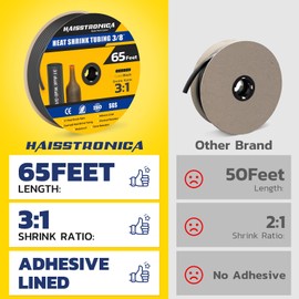 haisstronica 3/8" 65FT Heat Shrink Tubing, 3:1 Shrink Ratio Adhesive Lined, Marine Grade Waterproof Insulation Heat Shrink Tube - Black