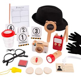 Spy Kit for Kids Detective Outfit Fingerprint Toys for 5 6 7 8 9 10 Year Old with Hat,Wooden Magnifying Glass and Detective Tools,Secret Agent Investigation Science Set,Spy Costumes for Kids 8-12