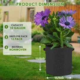BOGWHY 12-Pack 300G Thickened Nonwoven Plant Grow Bags 10 Gallon(Approximately 35.7 liters), Grow Pots for Plants,with Handles, Planting Bags for Vegetables, Black