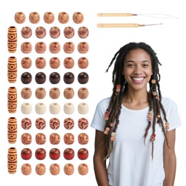 LOGJAM 60 Pcs Wood Hair Beads for Braids and 2 Pcs Needle Threading Device, Vintage Beads for Braiding Dreadlocks Craft Making