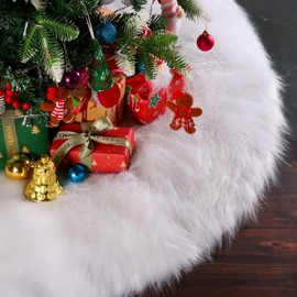 90 cm Snowy White Christmas Tree Blanket Plush Faux Fur Christmas Tree Skirt for Christmas Decorations (White)