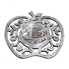 Zion Judaica Antique Silver and Glass 4 Piece Honey Dish - Apple Shape
