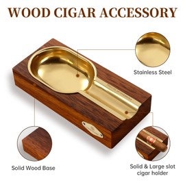 CLZOONG Cigar Ashtray Wooden & Stainless Steel, Large Cigar Holder Ashtrays, Cigar Accessories for Indoor Outdoor Home Decor Ash Tray With Stainless Steel Rest Cigar Holder (Brown)