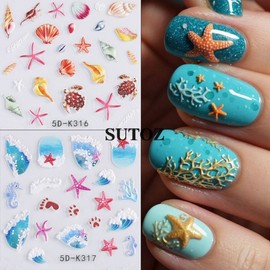 [Overseas] Starfish Parts New Frontier Nail Sticker Embossed Stereo Beach Sky Wonder Shell Sea Turtle Wave Free Size/Relief Sticker 5D-K31 7 30ea