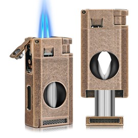 WANBRO Cigar Lighter with V Cut, Versatile All-in-1 Butane Torch Lighters, Double Jet Flames, Built-in Cigar Punch, Cutter, Gift for Cigar Enthusiast (NO Gas)