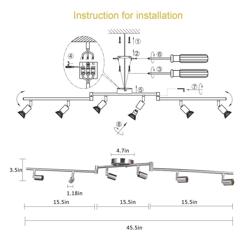 AIBOO 6-Light Adjustable Dimmable Track Lighting Kit, Flexible Foldable Arms,Satin