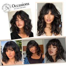 ENTRANCED STYLES Black Bob Wavy Wig with Bangs Black Highlight Short Wavy Wig 14inch Synthetic Fibre Wigs for Women Girls Daily Party Holiday Festival Chrismas Use