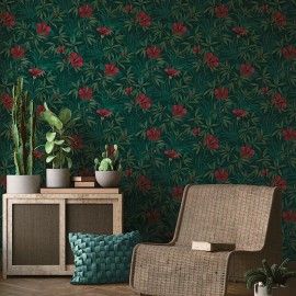 WM Cuba Dark green red pink flowers bloom floral botanical light textured Wallpaper - sample 8.5 inches x 11 inches