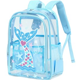 AO ALI VICTORY Clear Backpack for School,PVC Transparent Kids Bookbag for Girls Boys Cute Toddler Back Pack Kindergarten Elementary Schoolbag Stadium Approved See Through Backpacks, Blue Mermaid