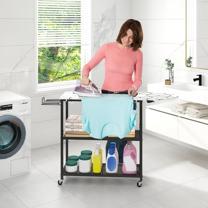 GILLAS Ironing Board with 2 Tier Storage Basket, Movable Ironing