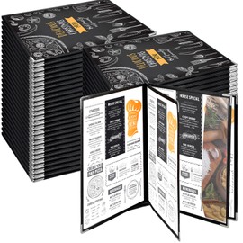 8.5 x 11 Inch Menu Covers 4 Page 8 View Transparent Restaurant Menu Covers Book Fits A4 Size Paper, Clear Menu Holder Bar Cafe Menu Folder with Leatherette Trim and Decorative Corners, Black (50 Pcs)