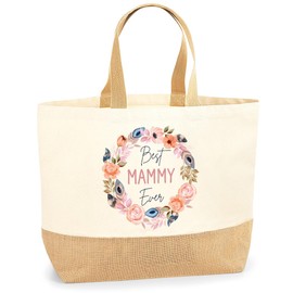 Lovely Mothers Day Shopper Bag - Best Mammy Ever Flower Wreath - Jute Canvas X-Large Tote Bag - Mothers Day Mum Mom Mummy XL natural
