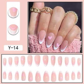 JUSTUSNX 24pcs Almond French Fake Nails Nude White Edge False Nails Pink Pearl Heart Glitter Press on Nails for Women and Girls