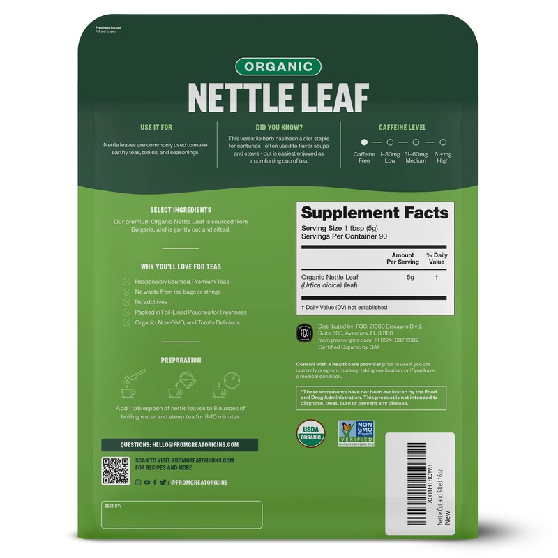 FGO Organic Nettle Leaf Loose Tea, Cut and Sifted, Caffeine