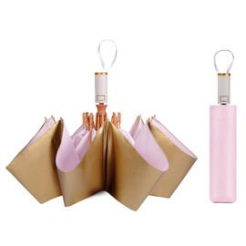 LCY Automatic Anti-UV Folding Golden Parasol Umbrella Small Lightweight Compact Sun & Rain Umbrella-Pink