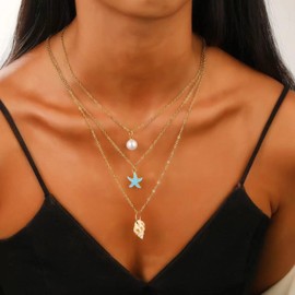 Inilbran Boho Layered Pearl Choker Necklace Vintage Blue Starfish Necklace Gold Shell Pendant Necklace Multilayer Cowrie Shell Chain Necklace Jewellery for Women, Zinc