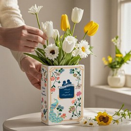 HOMKULA Pride and Prejudice Book Vase for Flowers, Ceramic Book Shaped Vase for Bookshelf or Bookcase Display （Large）