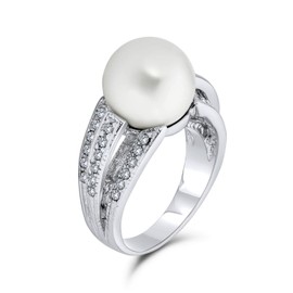Bling Jewelry Bridal Pave CZ Solitaire White Simulated Pearl Fashion Statement Ring for Women for Prom Silver Plated Brass