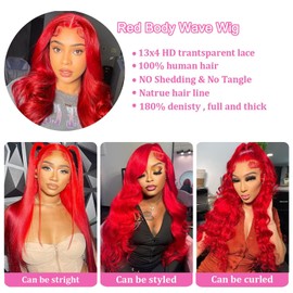 Dorashion 26 Inch Red 13x4 Body Wave Lace Front Wigs Human Hair 180 Density Glueless HD Transparent Lace Frontal Wigs Human Hair Pre Plucked With Baby Hair Colored Red Hair Wigs For Women