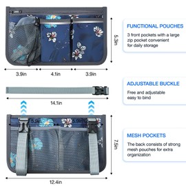 SHIFANQI Wheelchair Bag, Walker Bag, Wheelchair Side Bag, Armrest Organizer Pouch with Cup Holder Attachment and Reflective Strip, Accessories for Most Wheelchairs, Walkers, Rollators, Navy Floral