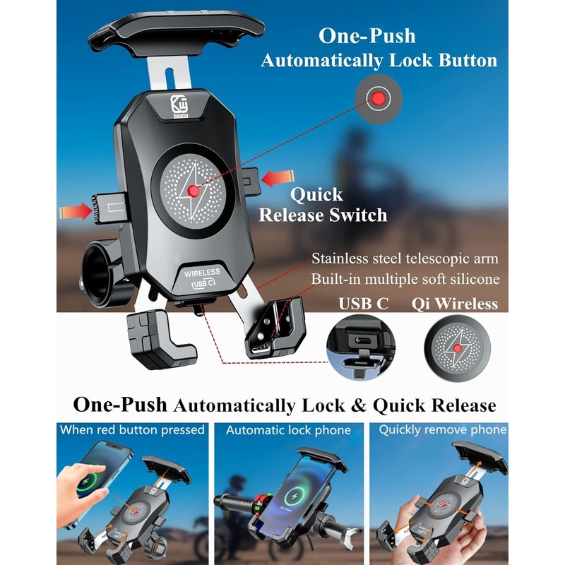BRCOVAN Motorcycle Phone Mount Holder with Qi 15W Wireless Charger