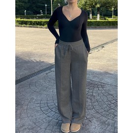 PINSPARK Casual Wide Leg Pants for Women's Stretch Waist Loose Fitting Long Pants Seams with Slanted Hand Pockets Heather Dark Grey L