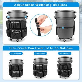 HODRANT Trash Can Caddy Bag Fit 32-55 Gallon Garbage Bin, Cleaning Caddy Bag with Adjustable Buckle for Industrial Trash Can, 13 Pockets Cleaning Tool Organizer for Cleaning Supplies, Bag Only