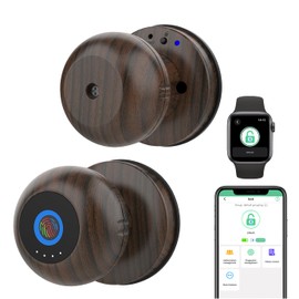 eLinkSmart Fingerprint Door Knob Ball Lock Keyless Entry Digital Door Lock Wood Grain Metal Fingerprint Door Knob for Bedroom Apartment, eSmartLock App, Support Phone & iOS Watch