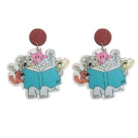 Cute Animal Wooden Cat Dog Dangle Drop Reading Earrings Wood Teacher Student Earrings for Women Back to School Gift-Elephant